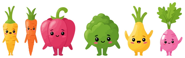 Fototapeta premium Cute cartoon vegetable characters with smiling faces
