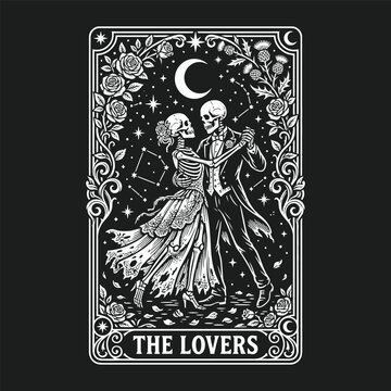 Funny skeleton halloween tarot card the lovers vintage style skeleton couple dancing illustration