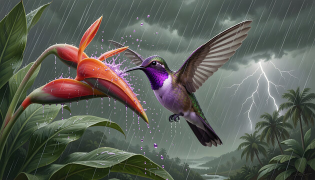 A breathtaking hyper-realistic dramatic weather wildlife cinematic oil painting &mdash; a tropical rainstorm
