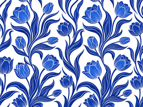 Elegant Blue and White Seamless Tulip Pattern in Delft Porcelain Style