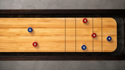 Top-down view of a wooden shuffleboard table with red and blue pucks positioned on marked scoring zones