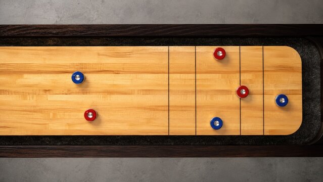 Top-down view of a wooden shuffleboard table with red and blue pucks positioned on marked scoring zones