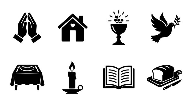 Religious Symbols PNG Set, prayer hands house chalice dove, transparent background