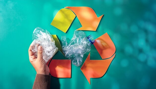 hand holding plastic packaging and crumpled wrap against a recycling symbol promoting sustainability