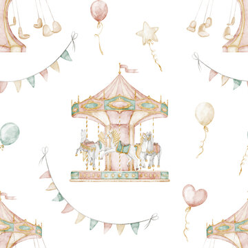Carousel seamless watercolor pattern, balloons and festive garlands in soft pastel colors. Background with gentle vintage fairground for nursery wallpaper, kids textiles, wrapping paper