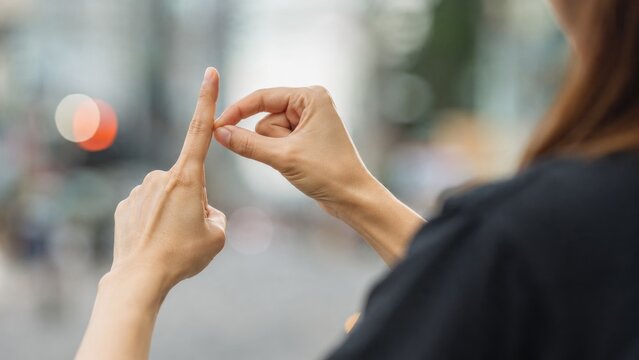 Close-up of hands making a small distance pinching gesture with fingers against a blurred urban bokeh background