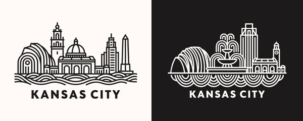 Kansas City Missouri skyline line art illustration with urban buildings and architectural silhouettes in minimalist vector outline style © Quivr