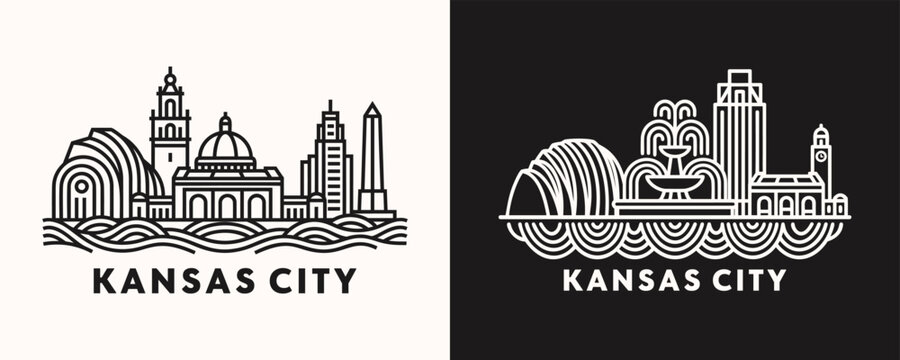 Kansas City Missouri skyline line art illustration with urban buildings and architectural silhouettes in minimalist vector outline style