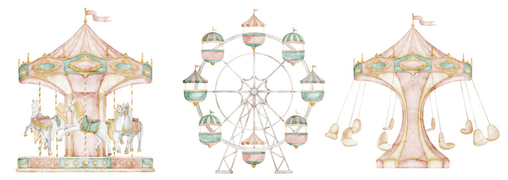 Attractions watercolor illustration with carousel and Ferris wheel in soft pastel tones. Clipart with amusement park elements for childish invitations in carnival style and nursery posters