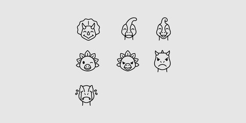 Icon set collection of adorable cartoon dinosaur heads expressing different emotions like happy, angry, sad, and crying, perfect for kids' products, games, and cute designs © Raka Firdaus 