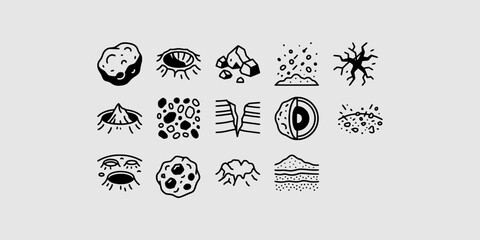 Icon set collection of geology concepts featuring crater formations, rock fragments, stratigraphic layers, and cross-sections of planetary bodies for scientific and educational applications. © Raka Firdaus 