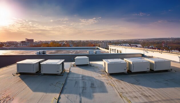 the external block units of the commercial air conditioning and ventilation systems are installed on the roof of an industrial building