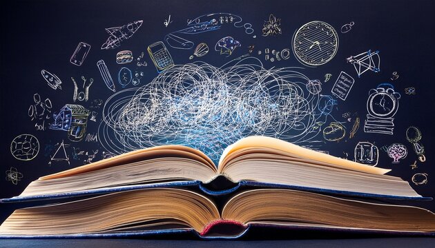 two books with a bunch of random drawings and writing on dark background back to school concept