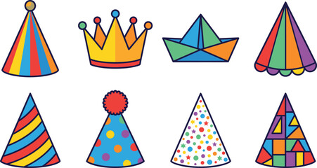 Obraz premium Colorful Party Hat and Crown Icon Set for Birthday Celebration and Festive Events