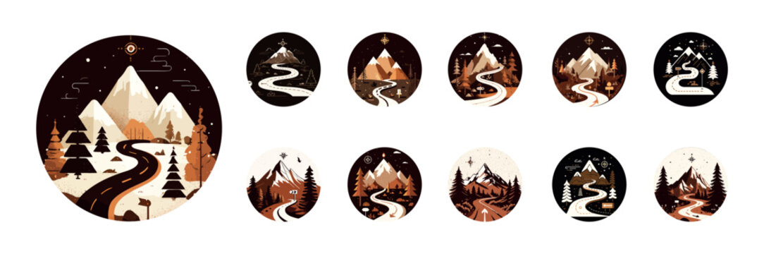 Mountain landscape cartoon vector set. Hill peak snow road forest pine tree nature trip travel adventure tourism camp hike circle emblem logo badge patch label stamp isolated on white