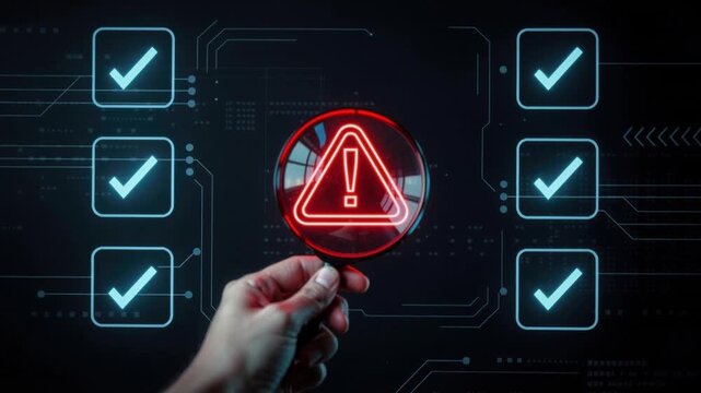 Hand holding magnifying glass highlighting red warning symbol among blue check marks on digital interface