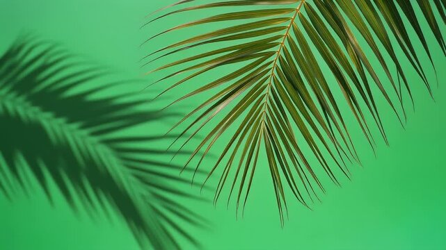 Vibrant green backdrop with subtle palm leaf shadows creating a serene tropical ambiance, perfect for summer themes and relaxation