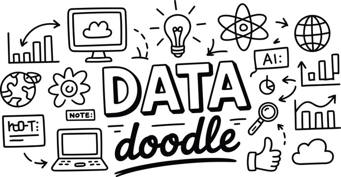 Data doodle hand drawn lettering concept with cloud technology network analytics artificial intelligence charts and laptop vector