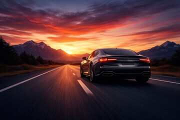 Fototapeta premium Luxury car driving at sunset.