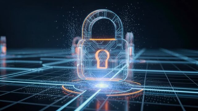 Futuristic digital security concept with glowing padlocks on a high-tech network grid background