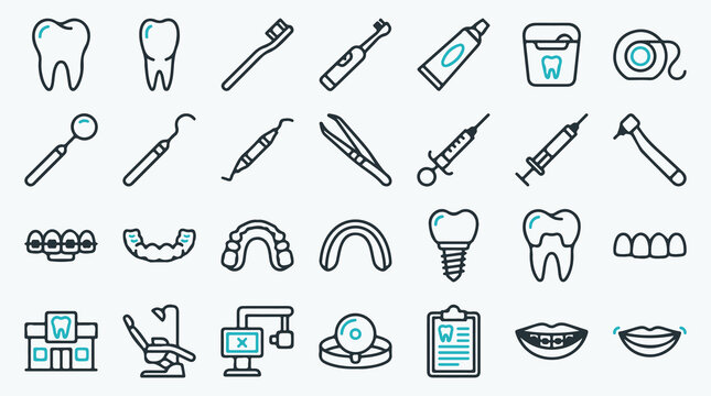 Collection of Dental Care and Oral Hygiene Line Icons