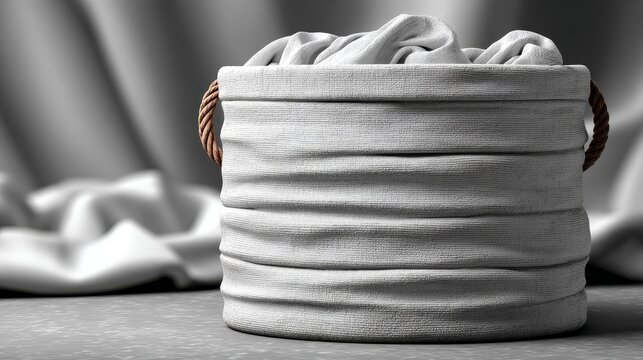 Monochrome fabric storage basket with handles on draped cloth background. Minimalist home organization, vintage laundry hamper, black and white still life photography.