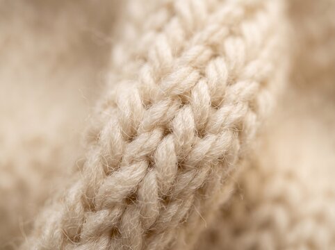 Extreme close-up macro texture of beige knitted wool fabric sweater pattern