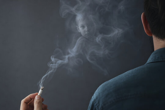Secondhand smoke forming child silhouette behind adult