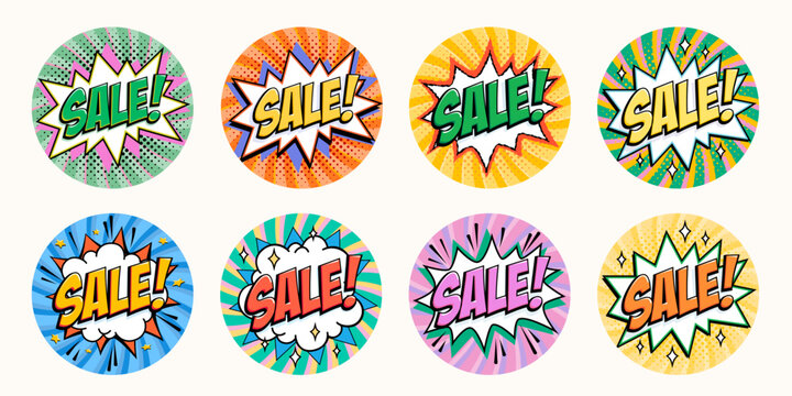 Sale comic sticker collection in round circle format with bold lettering on starburst shapes, bright pop art backgrounds and halftone bursts. Sale circle badges for promo banners, discount ads