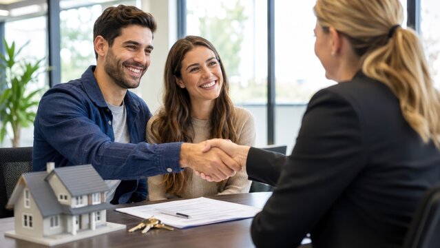 Smiling couple shakes hands with real estate agent over contract and house keys at closing meeting