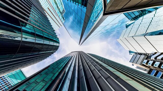 Low angle time lapse view of looking up directly at the skyline of the financial district in central London, modern architecture as a background
