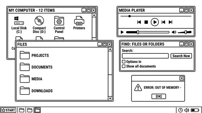 Retro Computer Interface: Vintage Windows, Folders, Media Player & Error Message