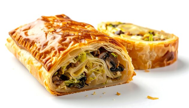 Savory homemade mushroom and leek strudel with golden flaky crust isolated on a clean white background
