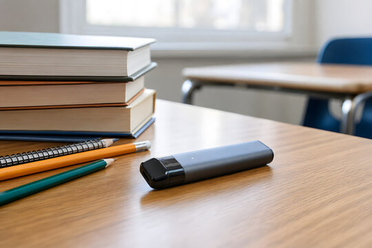 Vape device beside school books on classroom desk