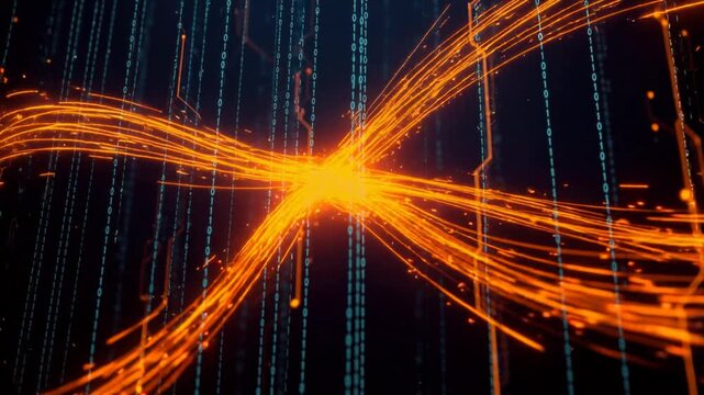Abstract digital data streams with glowing orange lines and binary code in futuristic technology background