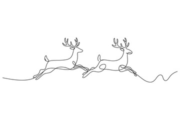 Continuous line art illustration of two reindeer running in a row with reindeer, minimalist © GOBINDO