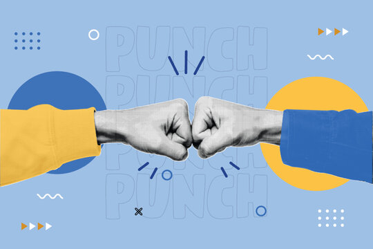 Halftone Pop Art Collage with Two Fists Bumping Together. Punch, Partnership, Teamwork, and Solidarity Concept. Business Agreement, Collaboration and Unity. Retro Vintage Style Banner