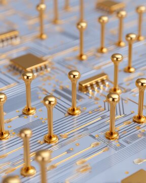macro, golden microchip pins, metallic texture, ultra sharp detail, minimal background
