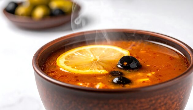 Traditional hot Russian solyanka soup with lemon slice and black olives served in a rustic brown ceramic bowl
