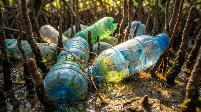 Plastic waste and mangrove roots contrasting in a subtropical marine environment