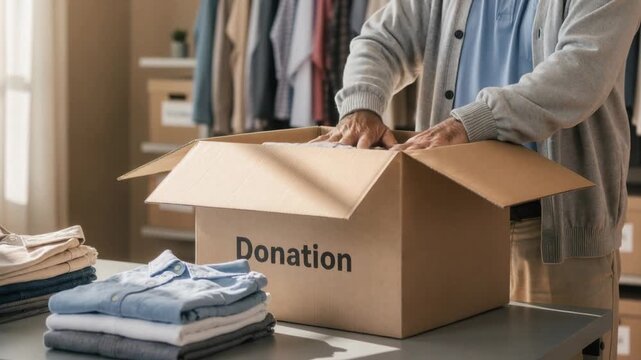Charity donation concept with folded clothes being packed into a cardboard box for giving