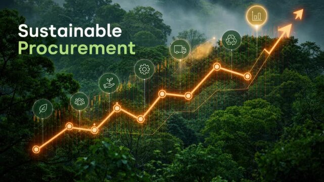 Sustainable procurement concept with growth graph and eco friendly icons over forest background