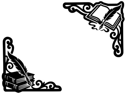 Vintage Literary Corner Borders with Books and Quill Pens Silhouette