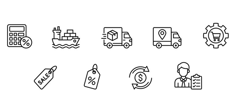Logistics shipping delivery transport ecommerce supply chain Logistics shipping delivery transport ecommerce supply chain icons line style set showing cargo ship truck tracking price tag discount