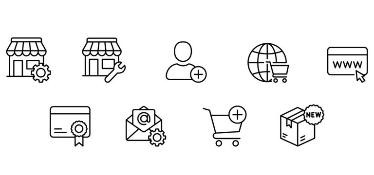 Online store ecommerce icon outline shopping cart website storefront line icon set with ecommerce symbols including storefront shopping cart website customer account email package certificate