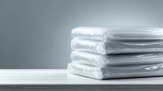 Stack of neatly folded white towels or linens wrapped in clear plastic packaging. Minimalist studio shot on a white table against a gray background, emphasizing cleanliness and hygiene.
