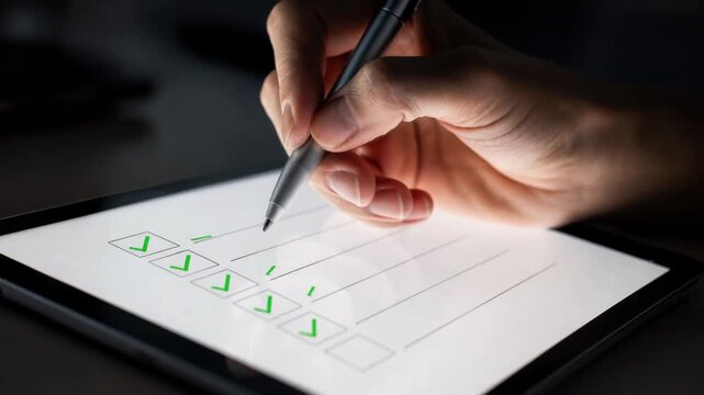 Close up of hand using stylus to check items on digital checklist on tablet screen