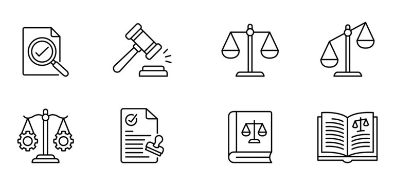 Legal justice law icon line outline Minimal line outline legal and justice icon set featuring law document gavel scale regulation checklist law book open book compliance balance concept