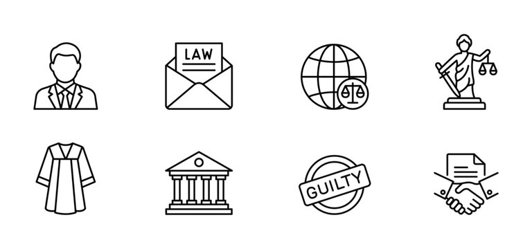 Law attorney legal justice court contract document agreement law icon set with attorney legal envelope globe justice scale judge statue robe courthouse guilty stamp handshake contract for legal