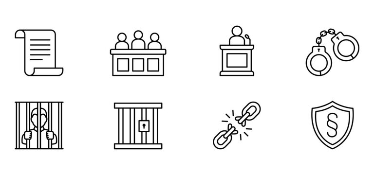 Court jury judge handcuff prison law justice crime police trial minimalist line icon set featuring legal documents courtroom jury judge handcuff prison cell broken chain and security shield
